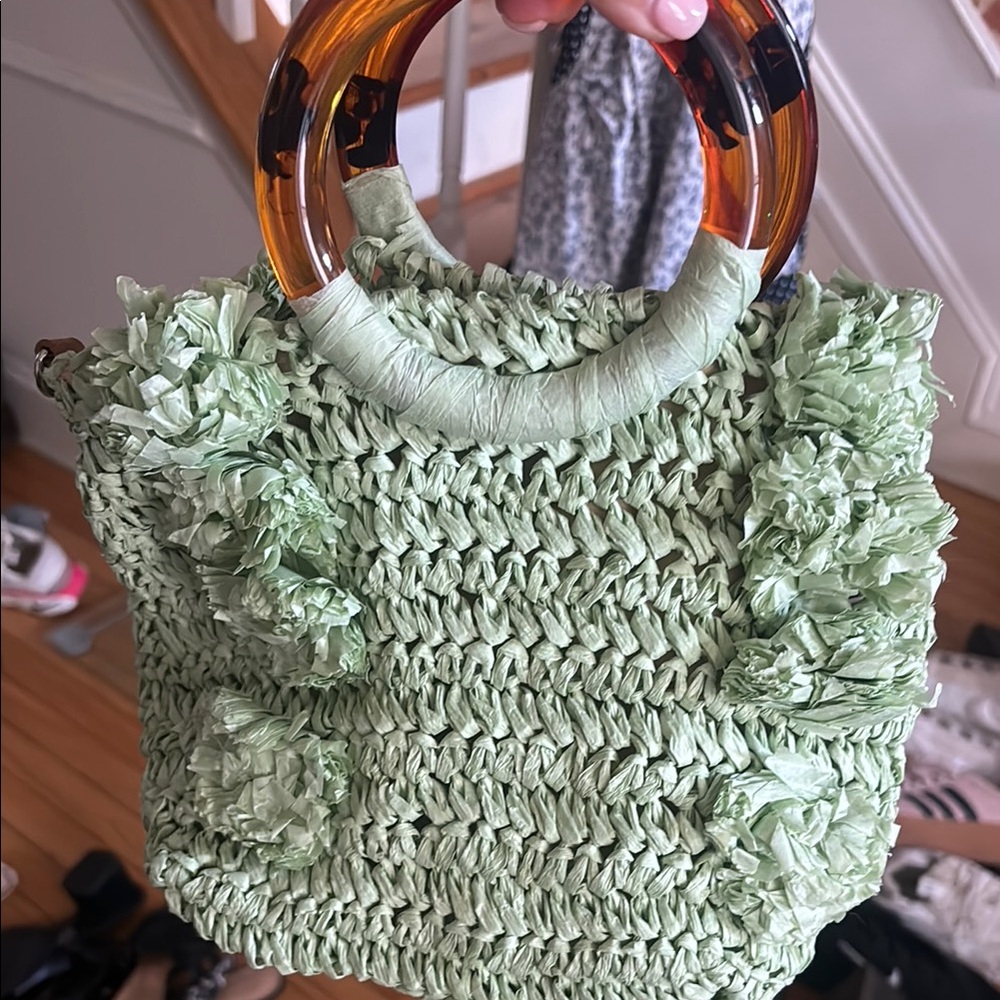Green Woven Handbag with Brown Handles